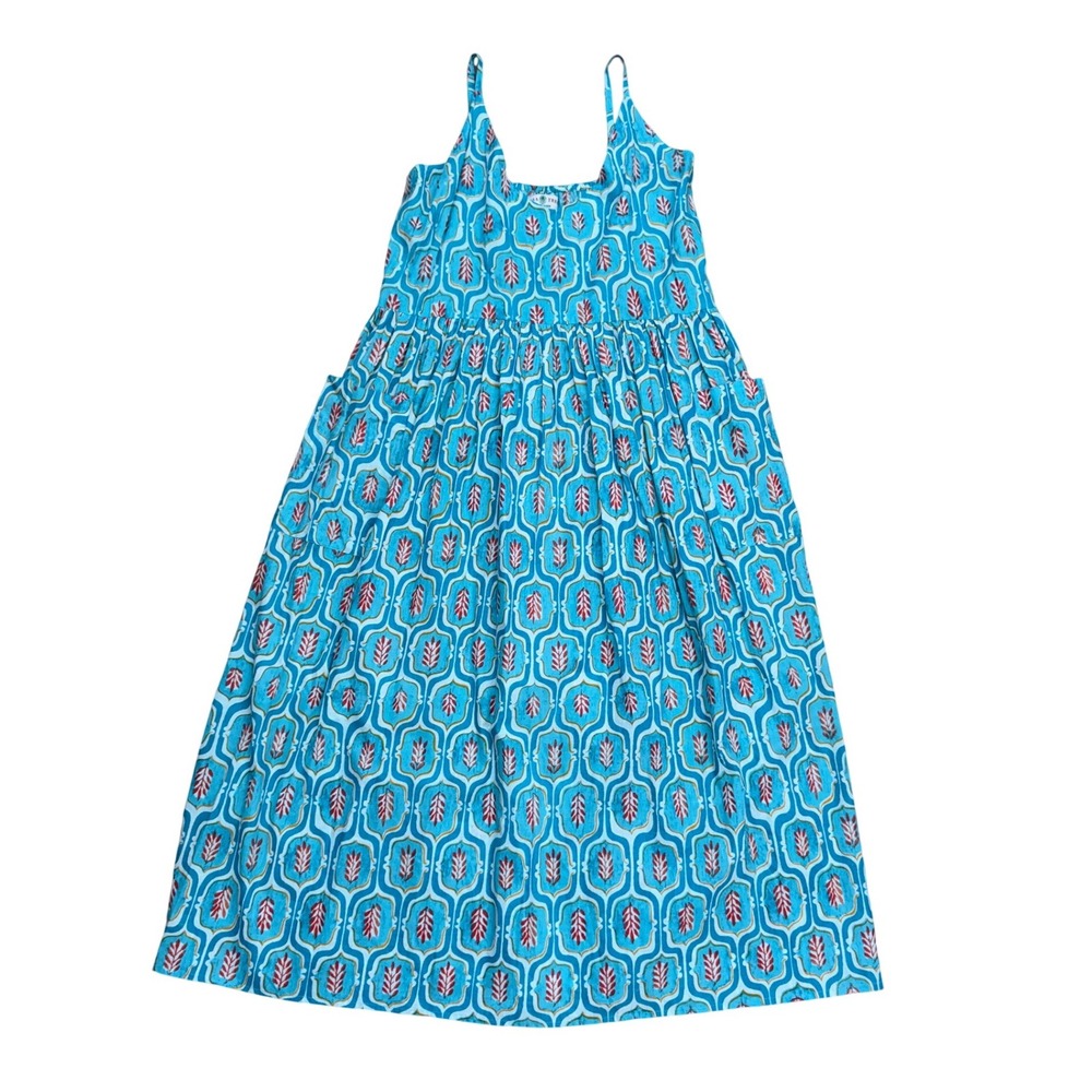 Cotton Block Print Boho Prairie Midi Dress Large‎ cottage pockets blue coastal